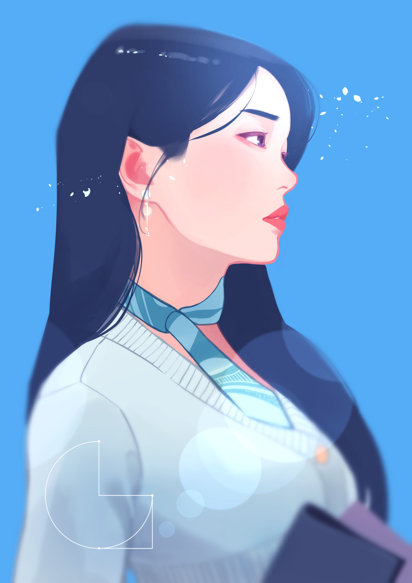 1girl, absurdres, black_eyes, black_hair, blue_background, blue_cardigan, breasts, cardigan
