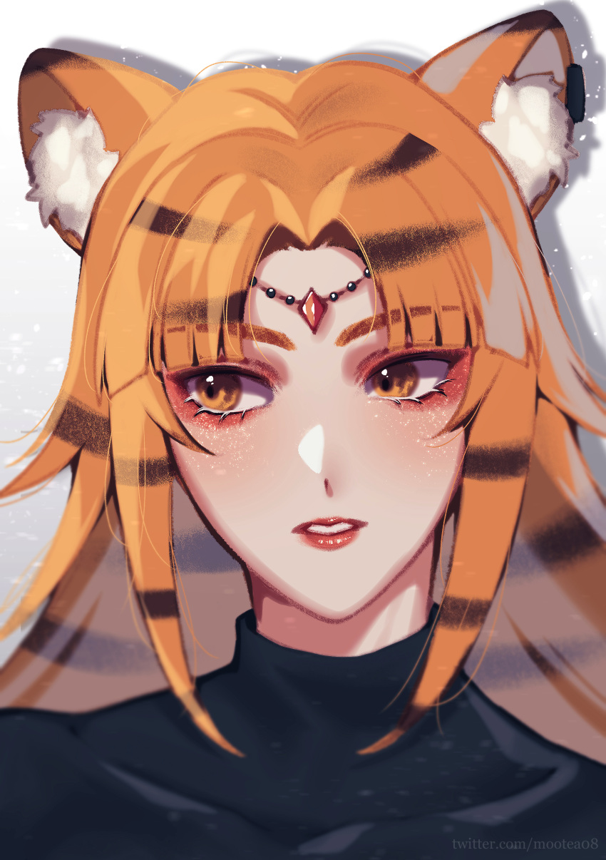 1girl, absurdres, animal_ears, animal_print, bangs, black_shirt, brown_eyes, collarbone