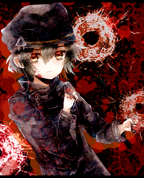 1boy, black_background, black_hair, black_headwear, black_jacket, blood, blood_on_clothes, blood_on_face