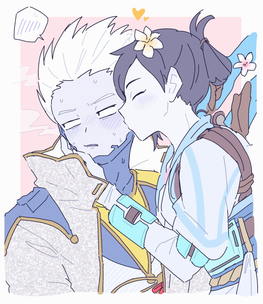 1boy, 1girl, animification, apex_legends, black_hair, blue_kimono, blue_skin, border, colored_skin, crypto_(apex_legends), flower, grey_jacket, hack_frost_crypto, hair_between_eyes, hair_flower, hair_ornament, head_tilt, heart, hetero, highres, jacket, jacket_pull, japanese_clothes, kimono, kiss, kissing_cheek, nojima_minami, obi, official_alternate_costume, outside_border, pink_background, sanpaku, sash, smile, valkyrie_(apex_legends), valkyrie_(frozen_blossom)_(apex_legends), white_border, white_flower, white_hair