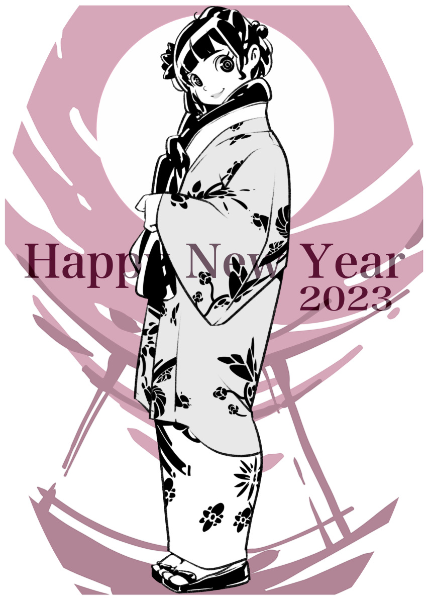 1girl, 2023, absurdres, alternate_language, bangs, english_text, from_side, full_body, hair_behind_ear, happy_new_year, head_tilt, highres, japanese_clothes, kimono, looking_at_viewer, original, rolan-ce, sandals, scarf, smile, solo, spot_color