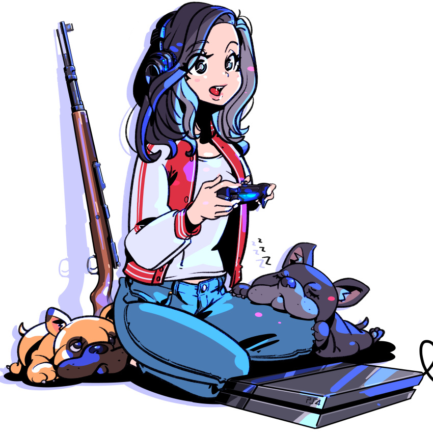 1girl, absurdres, black_eyes, black_hair, blue_pants, bolt_action, controller, denim