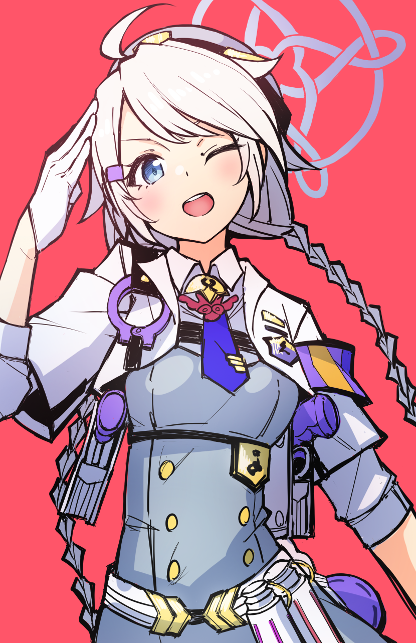 1girl, ahoge, bangs, blue_archive, blue_eyes, braid, breasts, gloves, gradient_hair, grey_hair, grey_headwear, gun, hair_ornament, hairclip, halo, hat, highres, holster, holstered_weapon, kirino_(blue_archive), long_hair, looking_at_viewer, medium_breasts, mikaku_(vbvpahw9), multicolored_hair, one_eye_closed, open_mouth, red_background, revolver, salute, shirt, shoulder_holster, simple_background, smith_&amp;_wesson, smith_&amp;_wesson_360, solo, teeth, twin_braids, twintails, upper_teeth_only, very_long_hair, weapon, white_gloves, white_hair