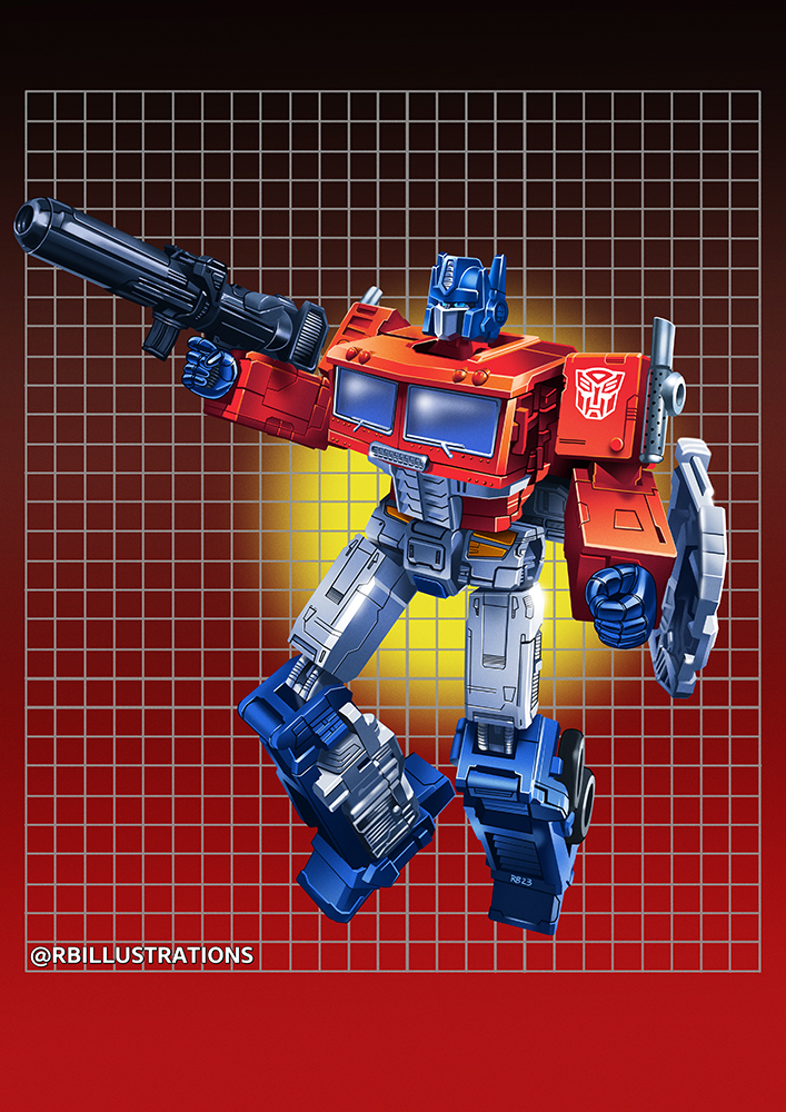 1980s_(style), autobot, blue_eyes, clenched_hand, commentary, english_commentary, full_body, gun