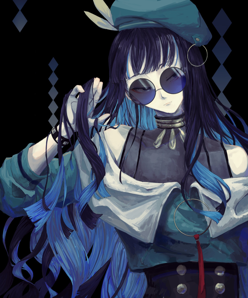 absurdres, beret, black_hair, blue-tinted_eyewear, blue_hair, bracer, facepaint, fate/grand_order