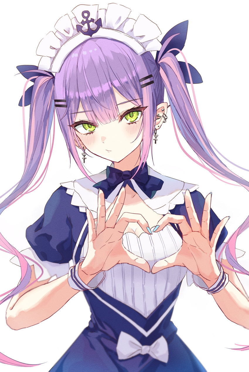 1girl, absurdres, alternate_costume, blue_nails, cosplay, dress, ear_piercing, earrings, enmaided, green_eyes, hair_ornament, hair_ribbon, hairclip, heart, heart_hands, highres, hololive, jewelry, long_hair, maid, maid_headdress, minato_aqua, minato_aqua_(cosplay), multiple_earrings, nail_polish, piercing, purple_hair, ribbon, simple_background, solo, tagosaku_(tatsukiuma0329), tokoyami_towa, twintails, upper_body, virtual_youtuber, white_background, wrist_cuffs