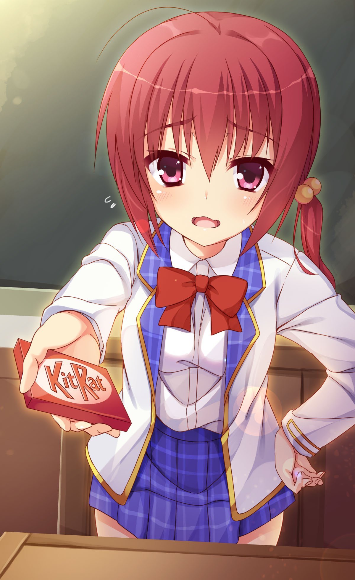1girl, ahoge, aria., bangs, blue_collar, blue_skirt, blush, bow