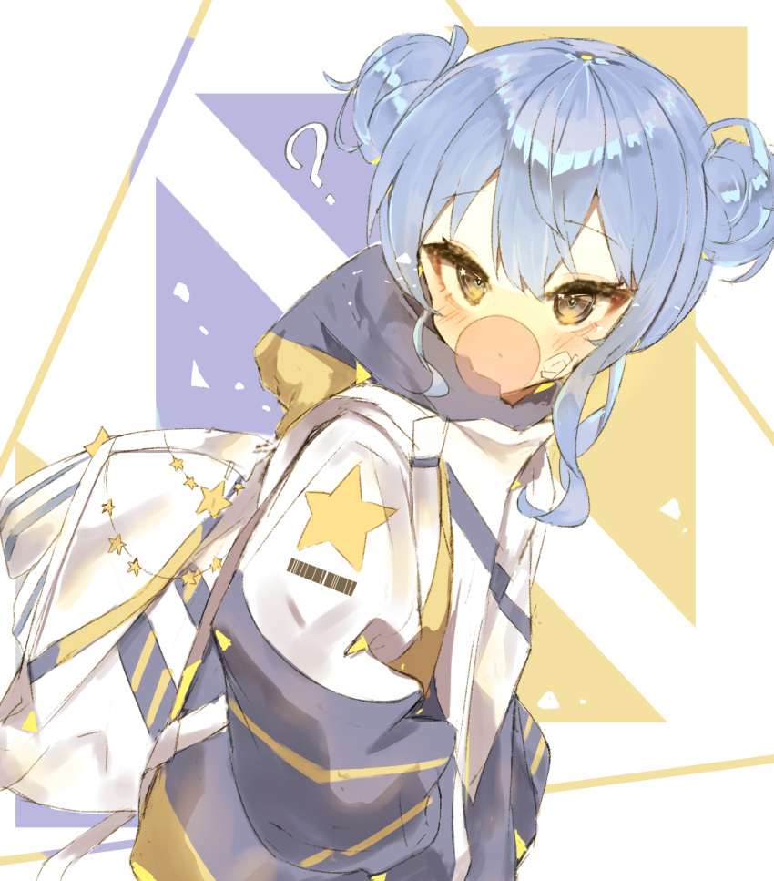 1girl, ?, bandaid, bandaid_on_face, blue_hair, blush, bubble_blowing, double_bun