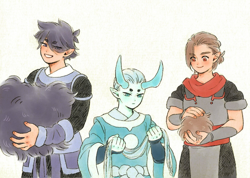 3boys, alternate_hair_length, alternate_hairstyle, armor, asymmetrical_bangs, bangs, blue_hair, blue_robe