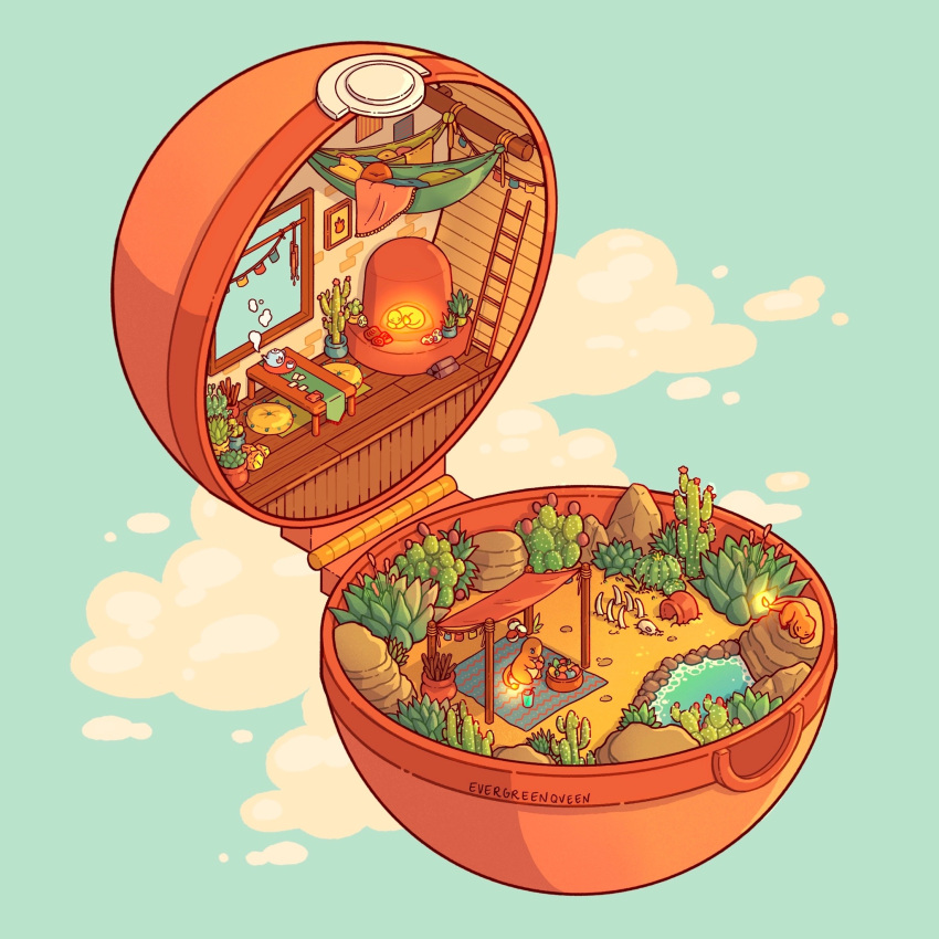 animal_skeleton, artist_name, berry_(pokemon), blanket, blue_background, cactus, canopy_(shelter), charmander