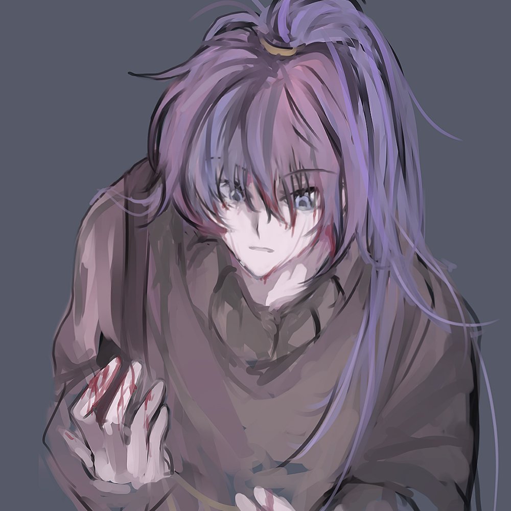 1boy, arcturus, bangs, blood, blood_in_hair, blood_on_face, blood_on_hands, blue_eyes