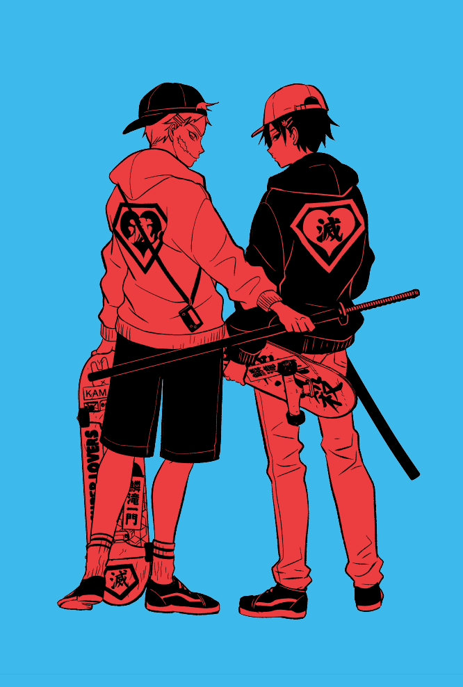 2boys, arms_at_sides, backwards_hat, bangs, baseball_cap, blue_background, casual, clothes_writing