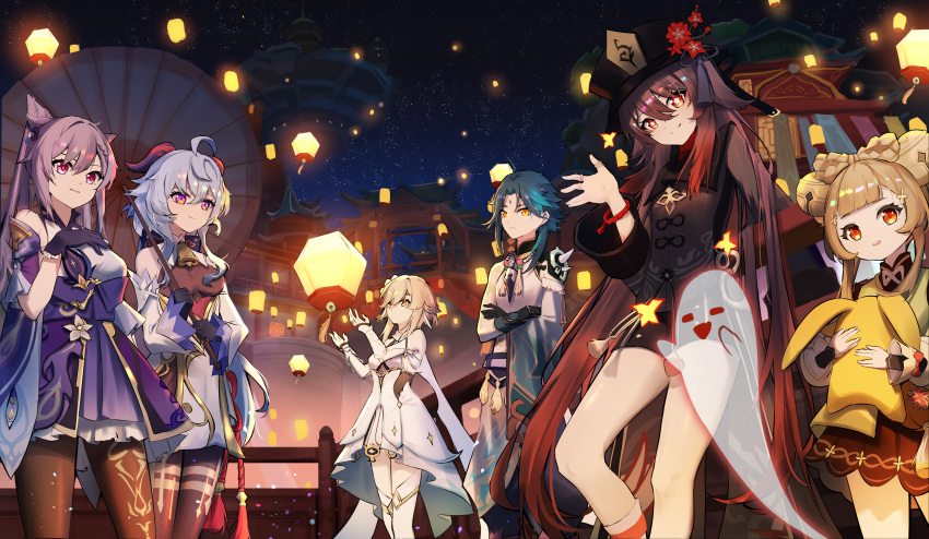 1boy, 5girls, absurdres, architecture, bangs, blonde_hair, blue_hair, boo_tao_(genshin_impact)