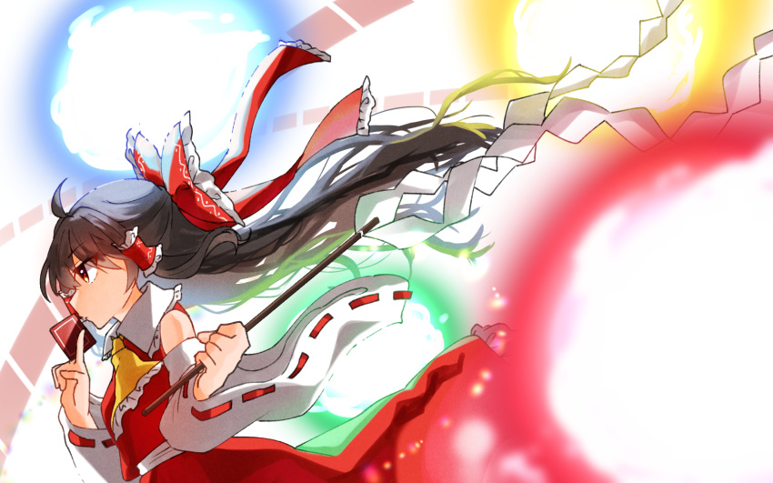 1girl, ahoge, ascot, bangs, black_hair, bow, closed_mouth, commentary_request