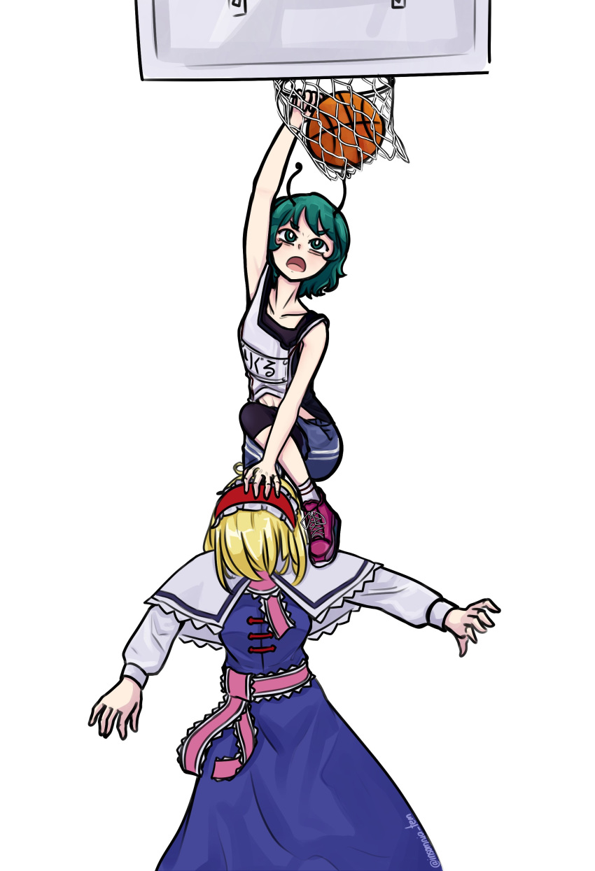 2girls, absurdres, alice_margatroid, alternate_costume, antennae, ball, basketball, basketball_hoop