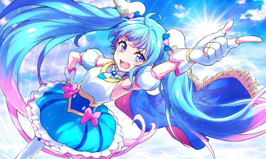 1girl, ahoge, blue_eyes, blue_hair, blue_skirt, bow, brooch, cape