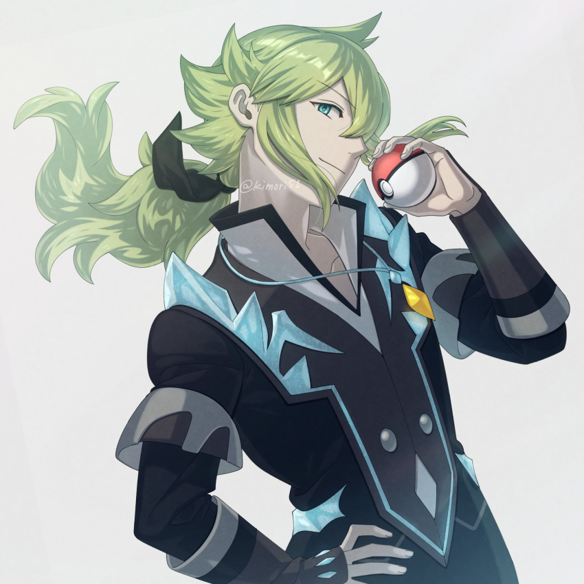 1boy, bangs, black_ribbon, buttons, closed_mouth, commentary_request, cowlick, floating_hair, green_eyes, green_hair, hair_ribbon, hand_on_hip, hand_up, head_tilt, highres, holding, holding_poke_ball, jewelry, long_hair, male_focus, n_(pokemon), n_(sygna_suit)_(pokemon), nagiru, necklace, official_alternate_costume, poke_ball, poke_ball_(basic), pokemon, pokemon_(game), pokemon_masters_ex, ponytail, ribbon, smile, solo, twitter_username, watermark, white_background