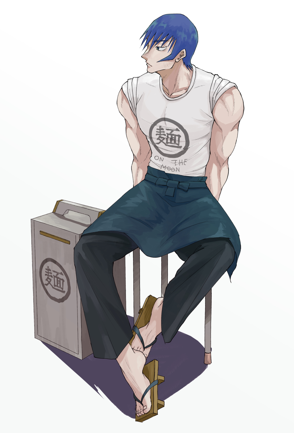 1boy, apron, black_pants, blue_eyes, blue_hair, chair, full_body, gekkou_jourei, geta, hair_between_eyes, highres, iwasaki_gekkou, male_focus, pants, pectorals, shirt, short_hair, sideburns, simple_background, sitting, solo, spina00se, waist_apron, white_background, white_shirt