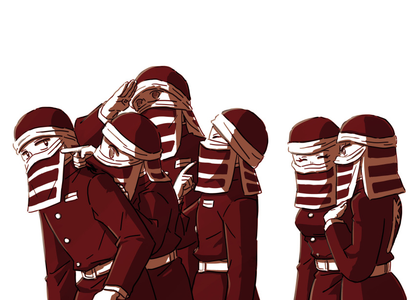 2girls, 4boys, ^_^, absurdres, arm_up, belt, breasts, cheek_poking