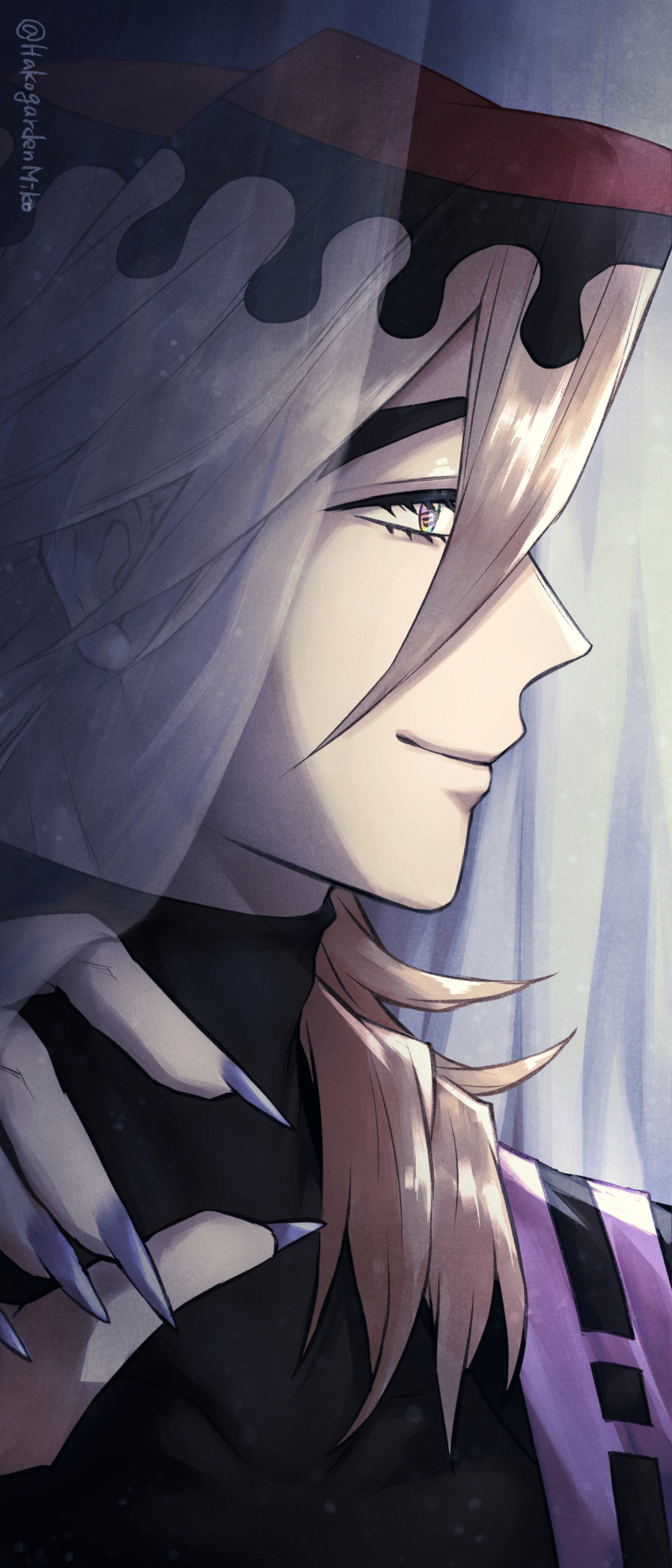 1boy, absurdres, black_hair, blonde_hair, closed_mouth, curtains, douma_(kimetsu_no_yaiba), eyelashes