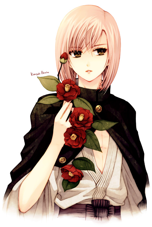 brown_eyes, flower, kongou_banchou, pink_hair, solo