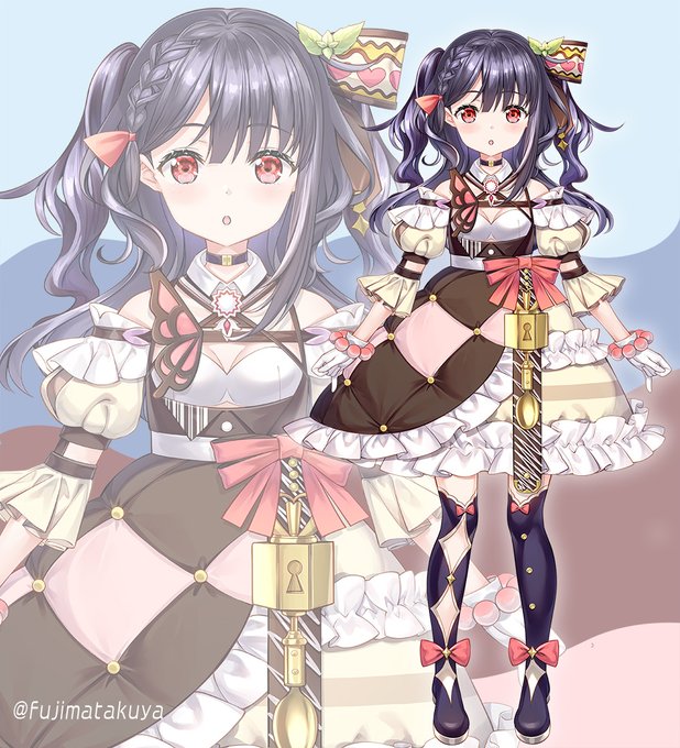 1girl, :o, black_footwear, black_hair, bow, bowtie, braid, commentary_request, frills, fujima_takuya, gloves, lock, lolita_fashion, nijigen_project, nika_linh_lan, official_art, red_eyes, solo, spoon, standing, tachi-e, twitter_username, virtual_youtuber, white_gloves