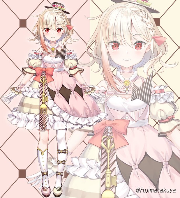 blonde_hair, bow, bowtie, commentary_request, fork, frills, fujima_takuya, gloves, hat, lolita_fashion, nijigen_project, nika_lan_linh, official_art, shoes, socks, standing, tachi-e, twitter_username, virtual_youtuber, white_gloves, white_socks