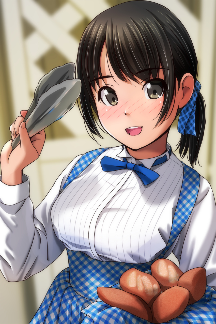 1girl, absurdres, apron, bangs, black_hair, blue_bow, blue_bowtie, blurry