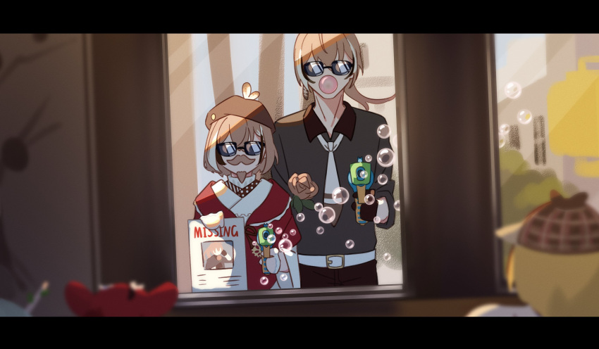 2girls, 3boys, ahoge, bangs, belt, beret, black_shirt, braid