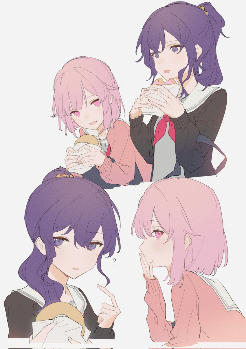 2girls, ?, asahina_mafuyu, bangs, black_cardigan, cardigan, commentary, covering_mouth