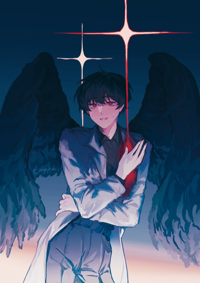 1boy, bangs, black_hair, black_pants, black_shirt, black_wings, coat, collared_shirt
