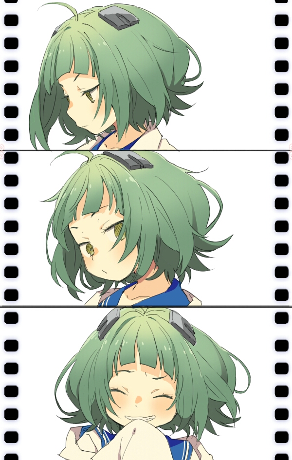 1girl, ahoge, bangs, blue_sailor_collar, blunt_bangs, blush, closed_eyes, closed_mouth, film_reel, ganeshia, green_eyes, green_hair, magia_record:_mahou_shoujo_madoka_magica_gaiden, mahou_shoujo_madoka_magica, minaminagi_liberty_academy_school_uniform, miyako_hinano, multiple_views, open_mouth, sailor_collar, school_uniform, serafuku, shirt, short_hair, simple_background, smile, upper_body, white_background, white_shirt