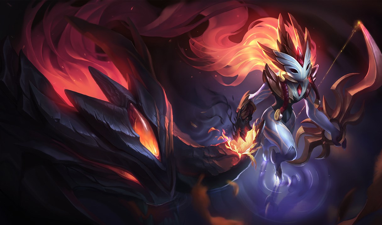 1girl, armor, bad_source, bow_(weapon), colored_skin, gem, glowing, glowing_eyes, holding, holding_bow_(weapon), holding_weapon, horns, lamb_(league_of_legends), league_of_legends, leotard, long_hair, mask, official_art, red_eyes, redhead, shadowfire_kindred, sharp_teeth, standing, teeth, wading, water, weapon, white_skin, wolf, wolf_(league_of_legends)