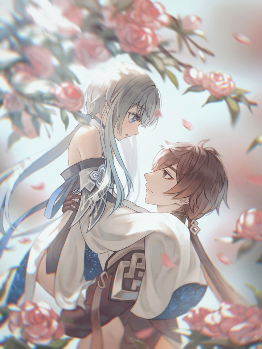 1boy, 1girl, absurdres, alternate_costume, bangs, bare_shoulders, blue_eyes, brown_hair