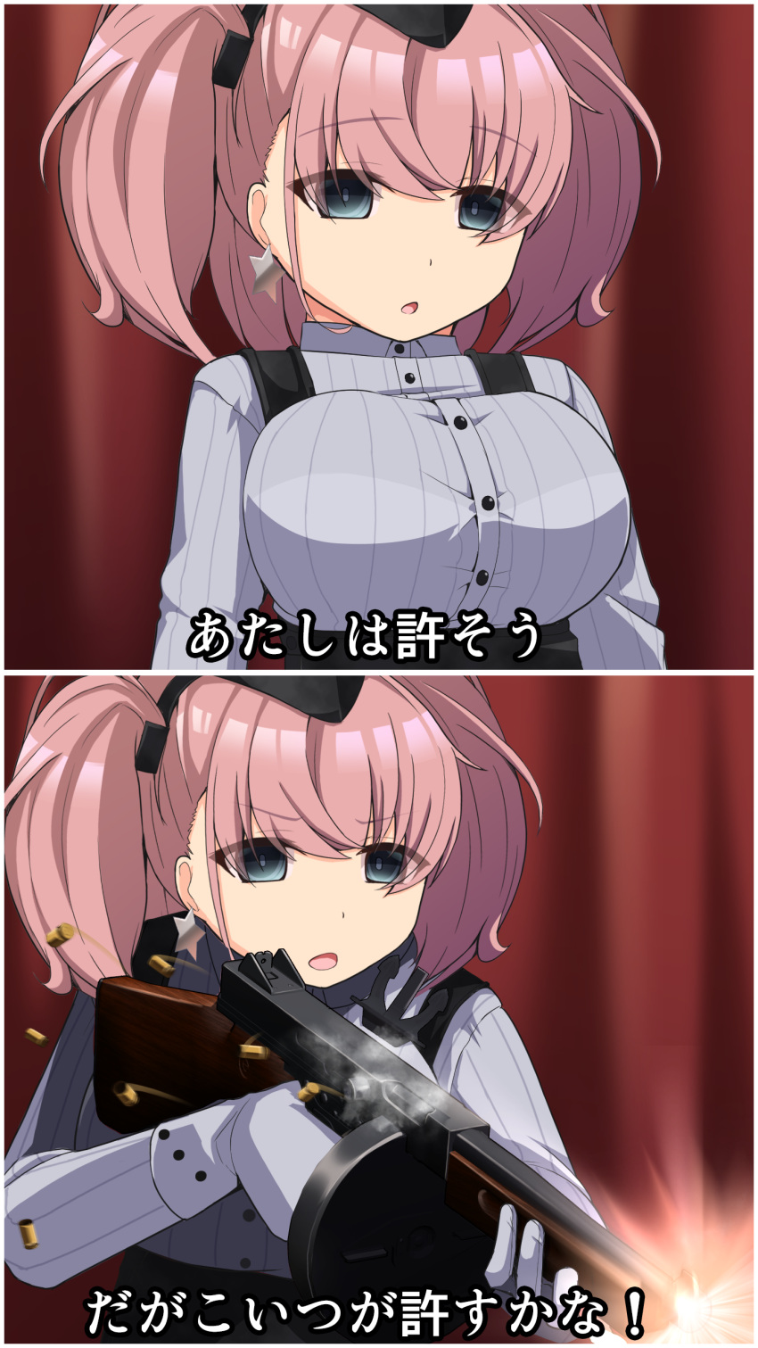 1girl, absurdres, atlanta_(kancolle), black_headwear, breasts, brown_hair, buttons, earrings