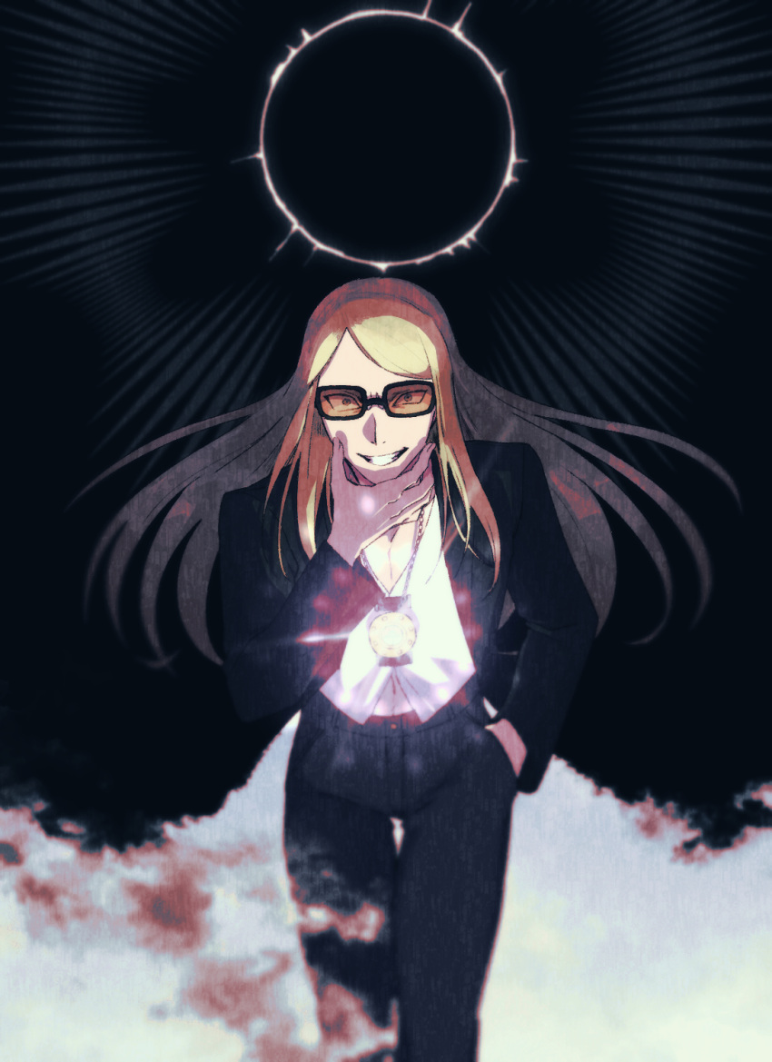 1boy, blonde_hair, fate/grand_order, fate_(series), glowing, highres, long_hair, looking_at_viewer, lv1na_ura, male_focus, smile, solo, sunglasses, tezcatlipoca_(fate)