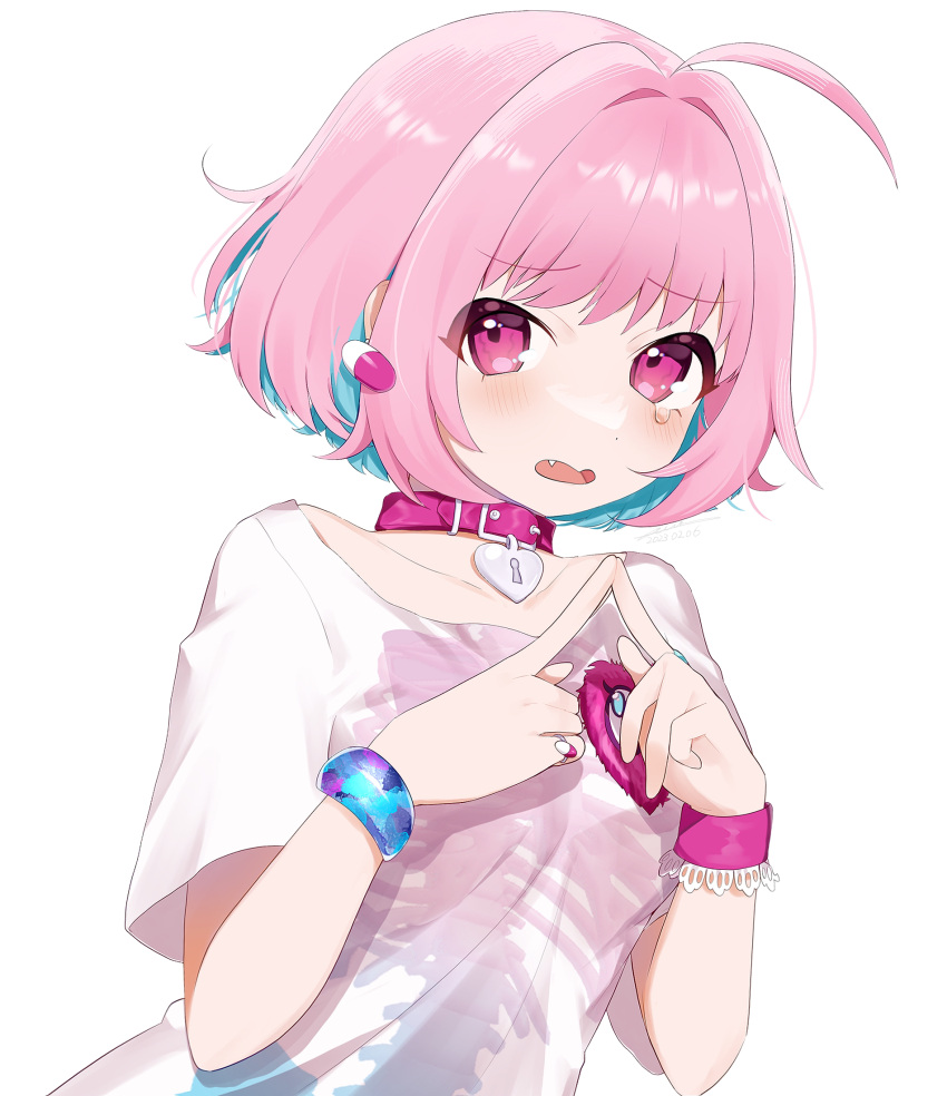 1girl, ahoge, aqua_hair, bangle, bangs, belt, belt_collar, blue_bracelet, bob_cut, bracelet, choker, collar, collarbone, colored_inner_hair, dated, earrings, fang, fidgeting, hair_intakes, heart-shaped_lock, heart-shaped_ornament, heart_collar, heart_on_chest, highres, idolmaster, idolmaster_cinderella_girls, idolmaster_cinderella_girls_starlight_stage, index_fingers_together, jewelry, looking_at_viewer, multicolored_hair, open_mouth, pill_earrings, pill_ring, pink_belt, pink_choker, pink_collar, pink_eyes, pink_hair, pink_wristband, sakusaku-1204, shirt, short_sleeves, signature, simple_background, skeleton_print, solo, stuffed_toy, t-shirt, tearing_up, two-tone_hair, white_background, white_shirt, wristband, yumemi_riamu