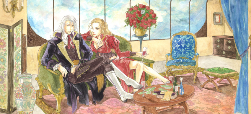 blonde_hair, blue_eyes, boots, cards, chair, couch, couple, daryl, female, final_fantasy, final_fantasy_vi, flower, green_eyes, grey_hair, higeking, legs_crossed, long_hair, male, nail_polish, necktie, scar, setzer_gabbiani, sitting, table, trenchcoat, vase, window, wine, wine_glass