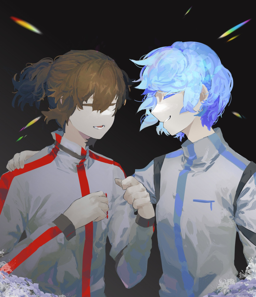 2boys, black_background, blue_hair, brown_hair, closed_eyes, commentary, english_commentary, grey_shirt