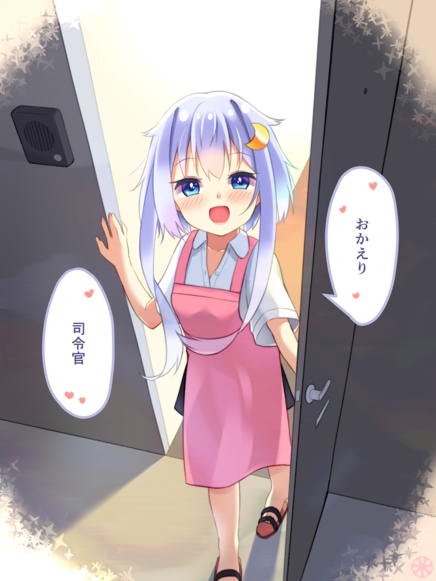 1girl, apron, bangs, blue_eyes, blush, collarbone, collared_shirt, crescent