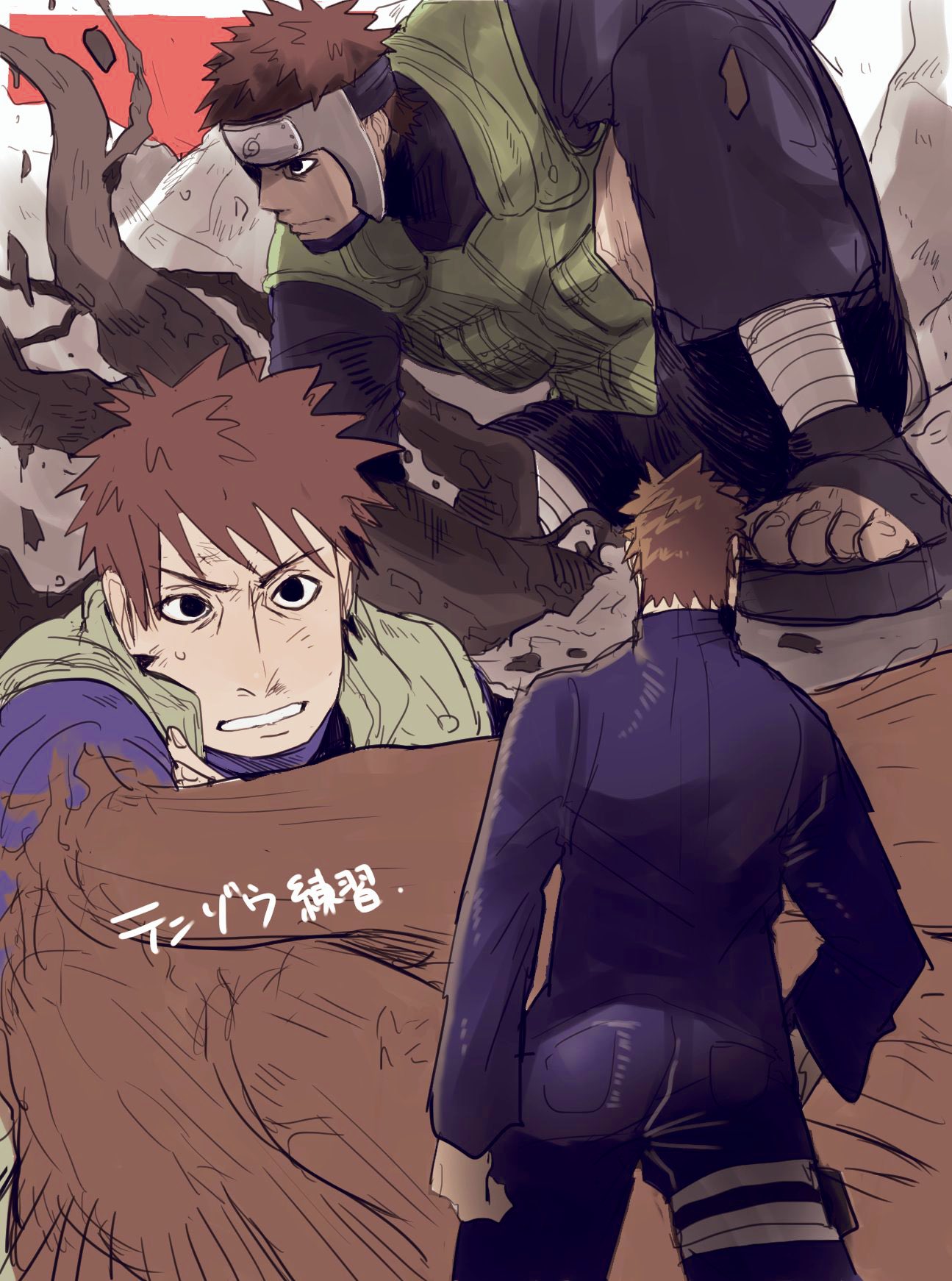 1boy, ass, blank_eyes, brown_hair, bruise, collage, fighting_stance, forehead_protector