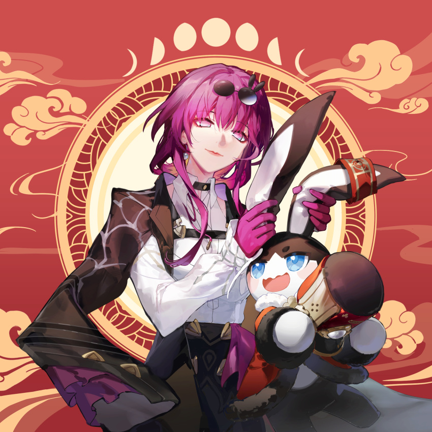1girl, absurdres, bangs, collared_shirt, eyewear_on_head, gloves, head_tilt, highres, honkai:_star_rail, honkai_(series), kafka_(honkai:_star_rail), long_hair, long_sleeves, looking_at_viewer, night, no_pupils, pom_pom_(honkai:_star_rail), purple_gloves, purple_hair, rafaelaaa, red_background, round_eyewear, shirt, sky, smile, solo, violet_eyes, white_shirt