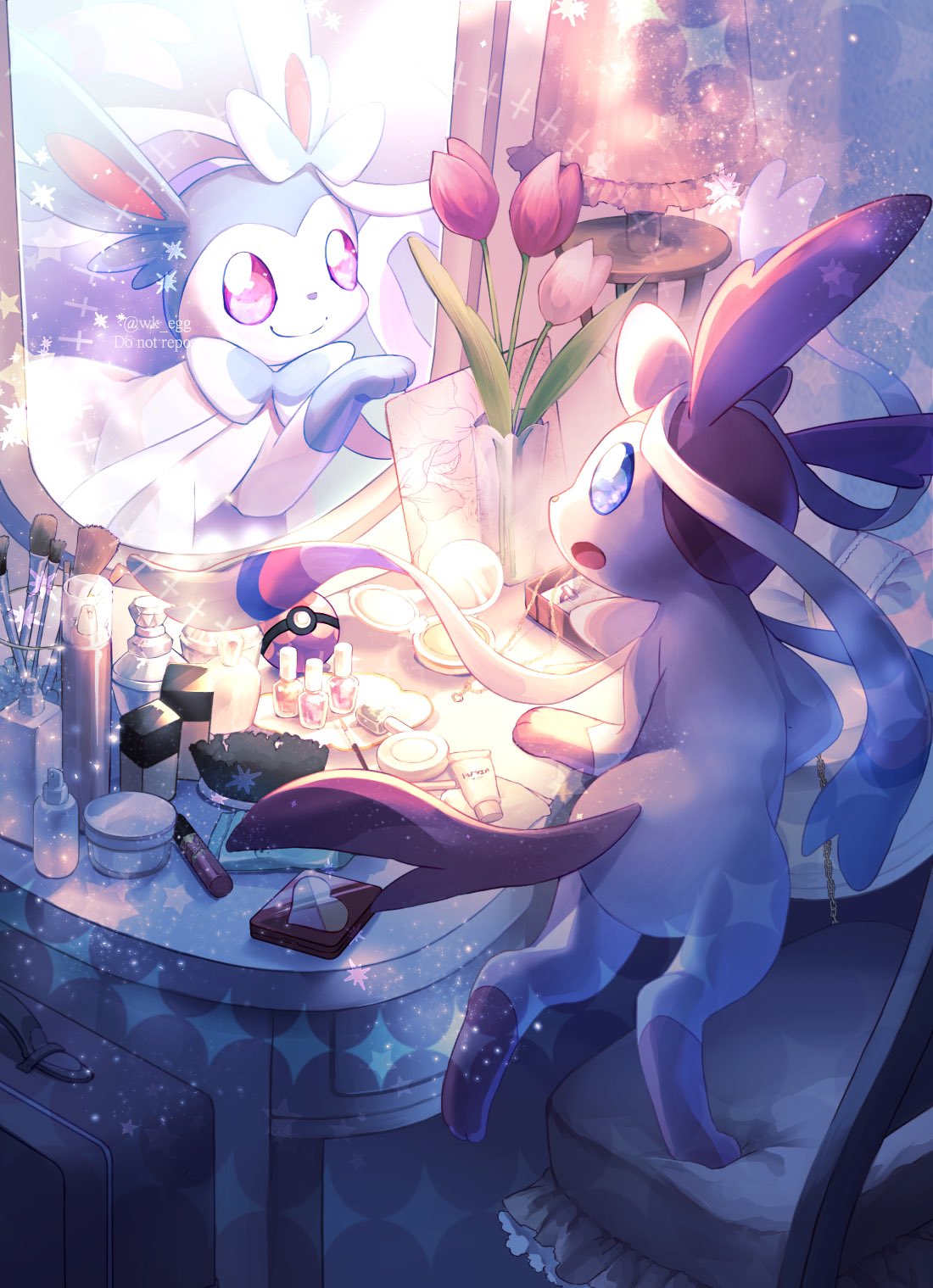 blue_eyes, bottle, closed_mouth, commentary_request, different_reflection, dream_ball, eko_(wk_egg), flower