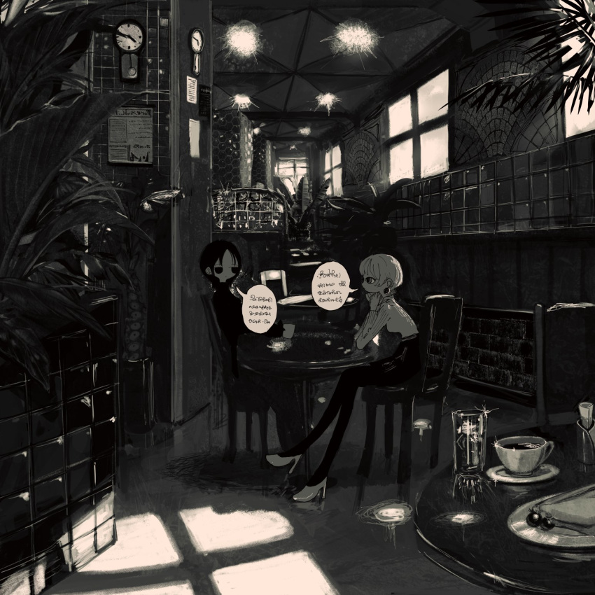 2girls, closed_mouth, crossed_legs, cup, dot_mouth, fake_text, greyscale, high_heels
