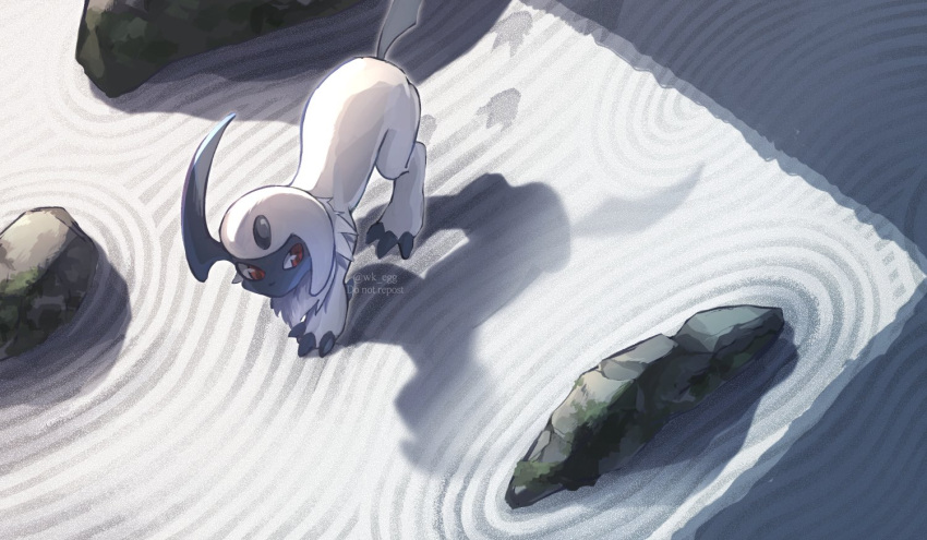 absol, commentary, day, eko_(wk_egg), footprints, from_above, looking_to_the_side, no_humans