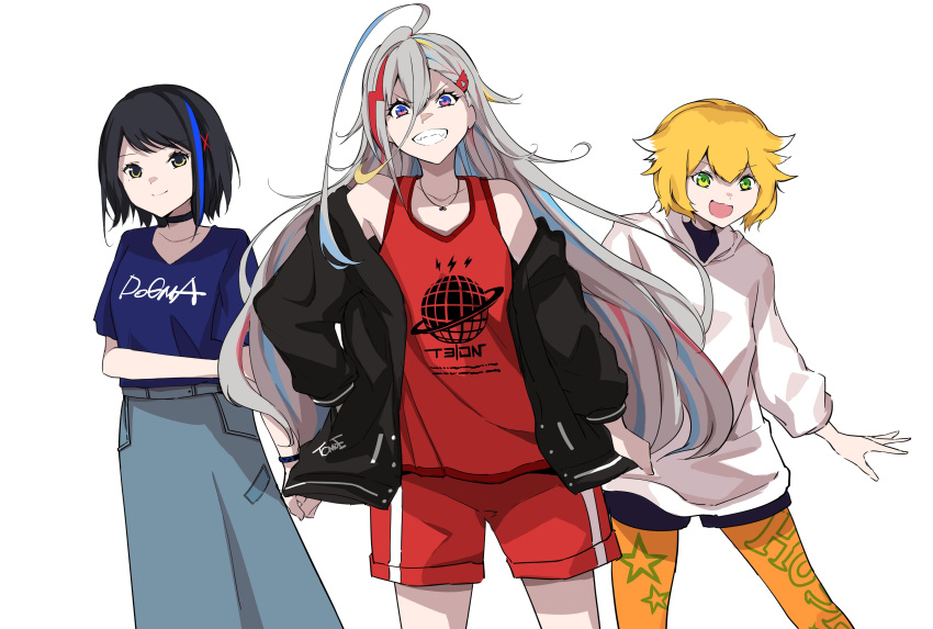 absurdres, ahoge, black_hair, blonde_hair, blue_eyes, blue_hair, blue_shirt, closed_mouth