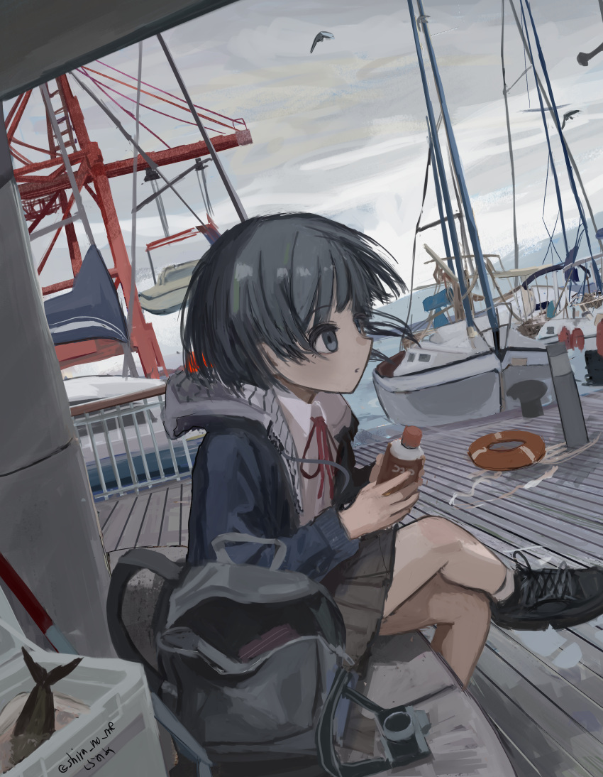 1girl, absurdres, backpack, bag, bangs, bird, black_footwear, black_hair