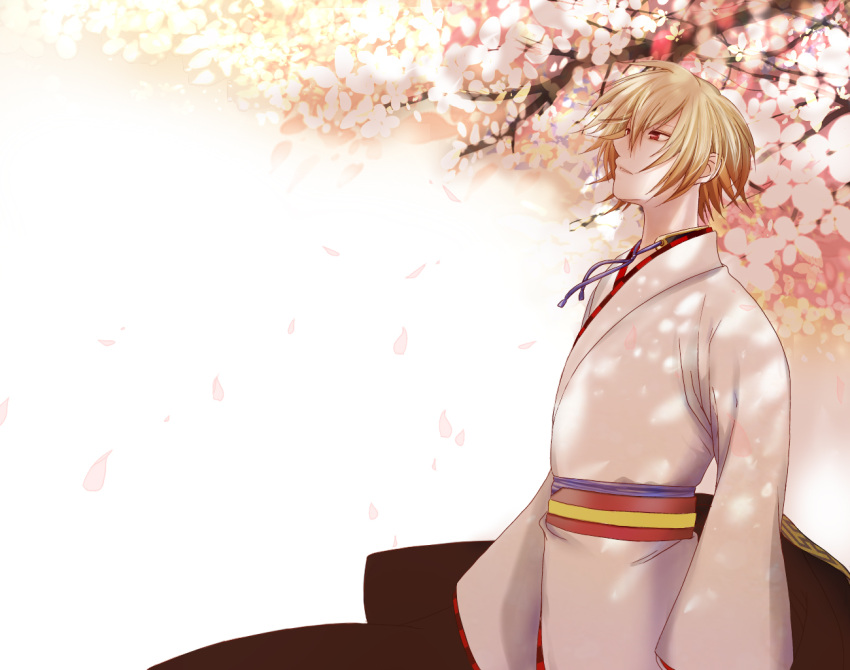 blonde_hair, cherry_blossoms, hakuouki_shinsengumi_kitan, japanese_clothes, kazama_chikage, male, obi, red_eyes