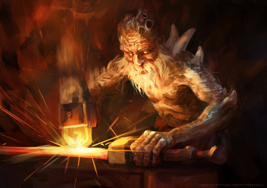 1boy, artist_name, bald, beard, blacksmith, brown_background, elden_ring, facial_hair, glowing, glowing_eyes, hammer, horns, male_focus, smithing_master_hewg, solo, sword, victor_garcia, weapon