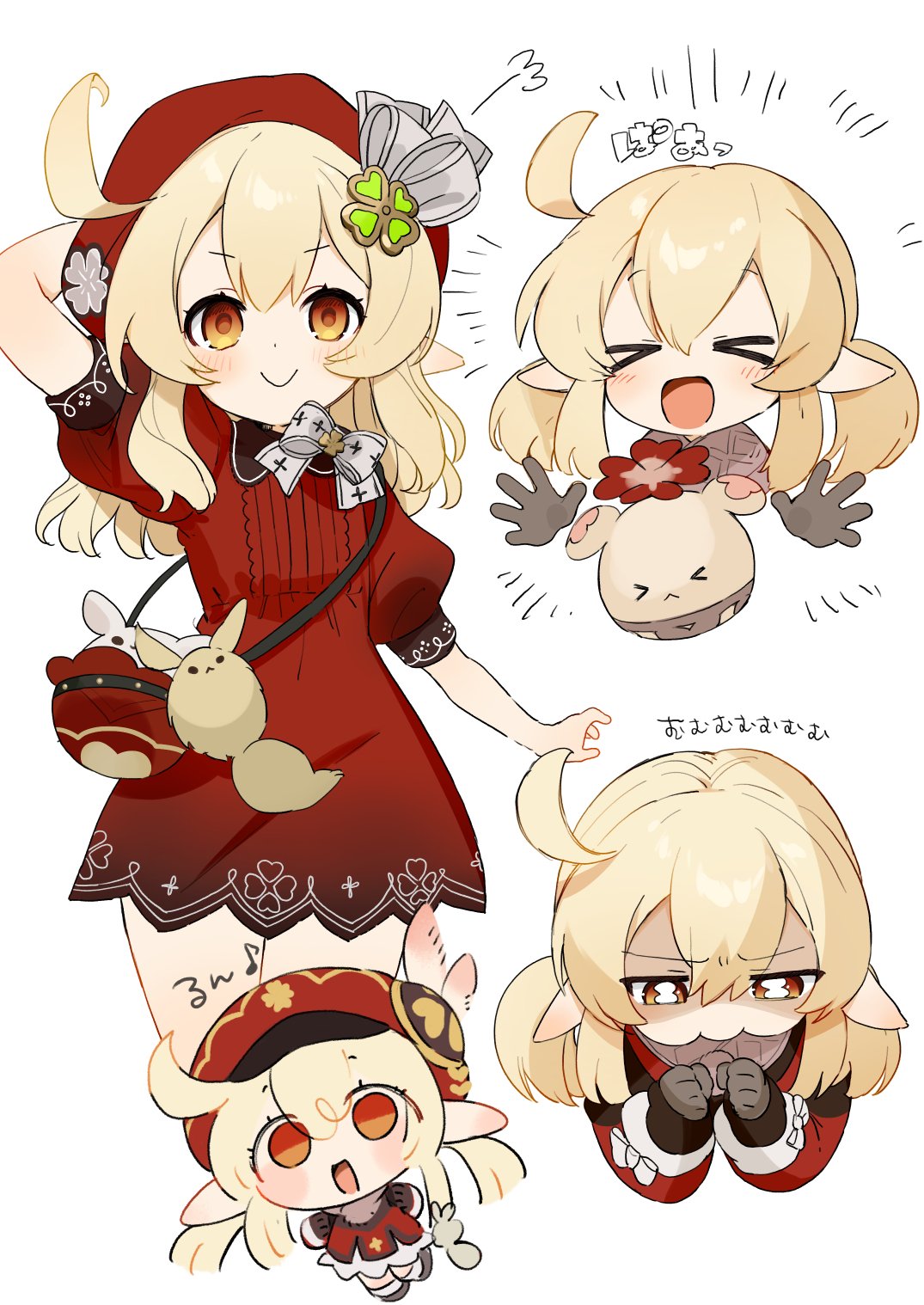 >_<, 1girl, 2others, ahoge, alternate_costume, alternate_hair_length, alternate_hairstyle, animal